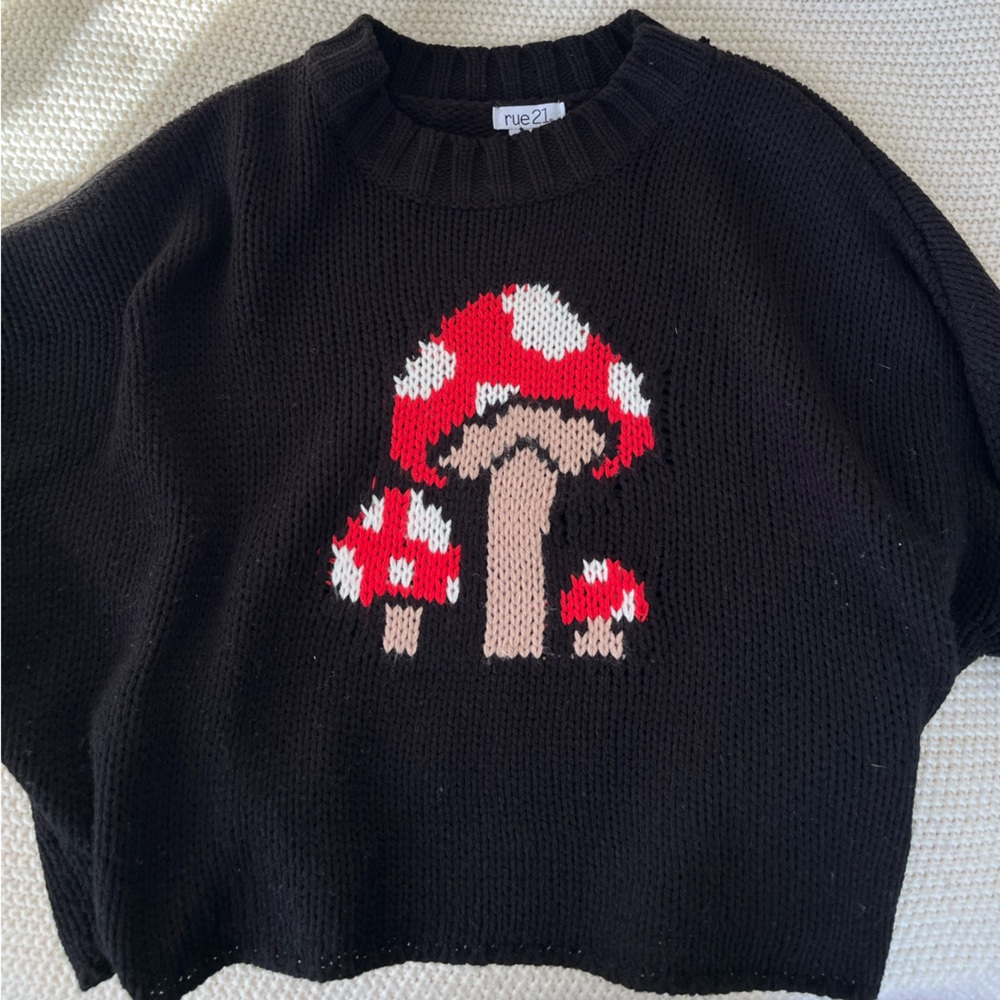 Black Sweater with Red Mushroom Design